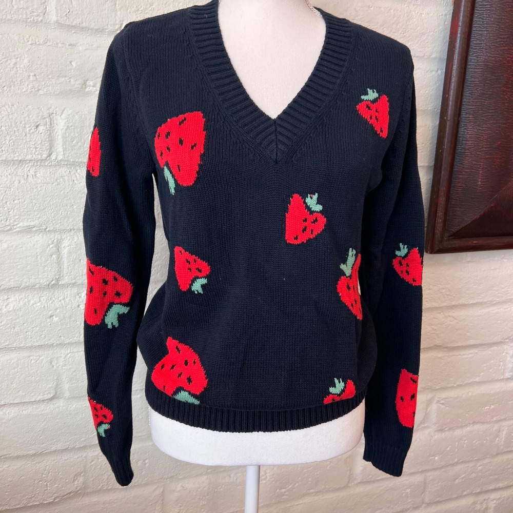 Loft Womens Navy Blue Strawberry Intarsia Cotton V-Neck Sweater Size M
